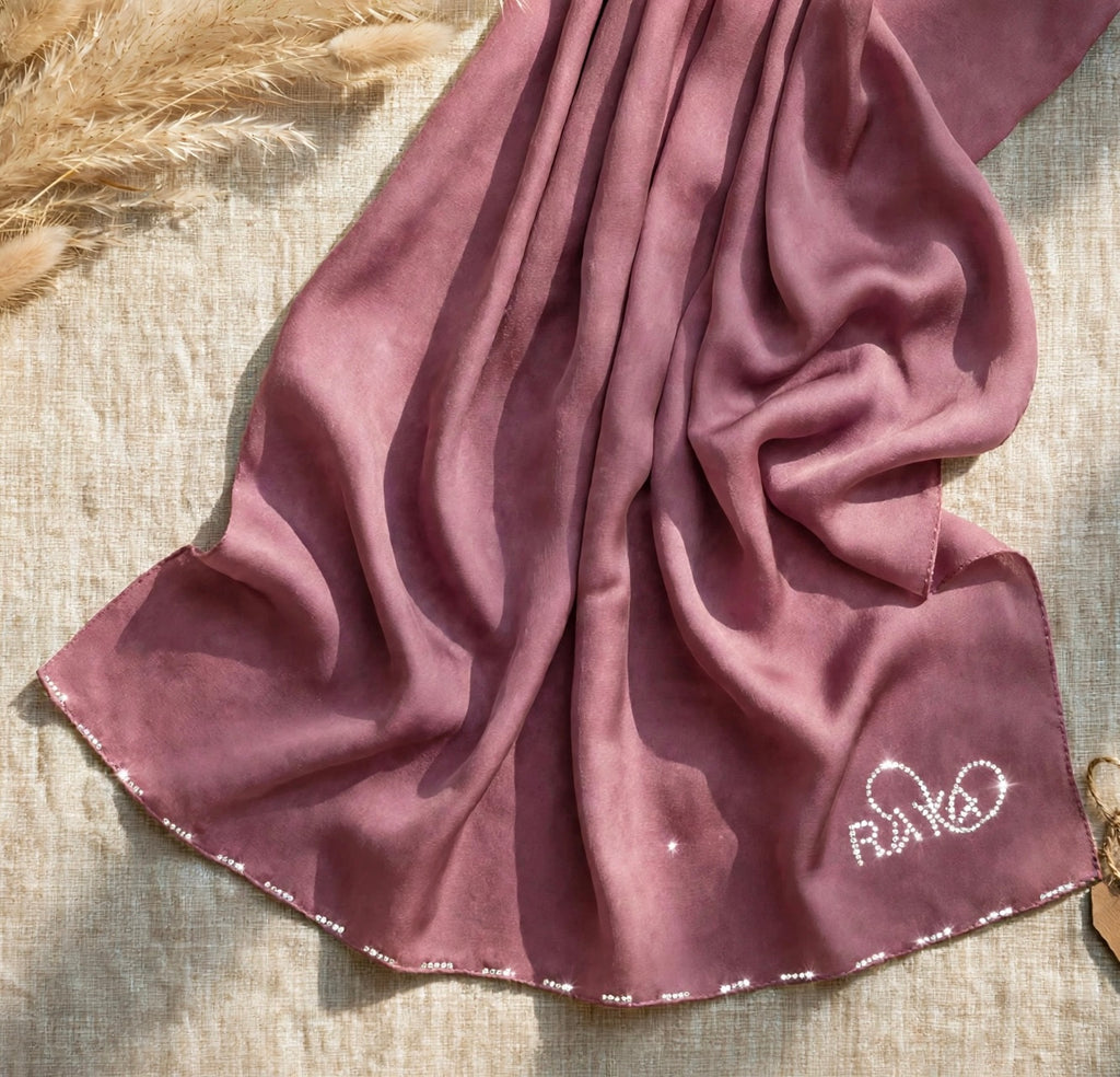 Dusty Rose Mauve Feather lite Hijab with SWAROVSKI®️ crystals