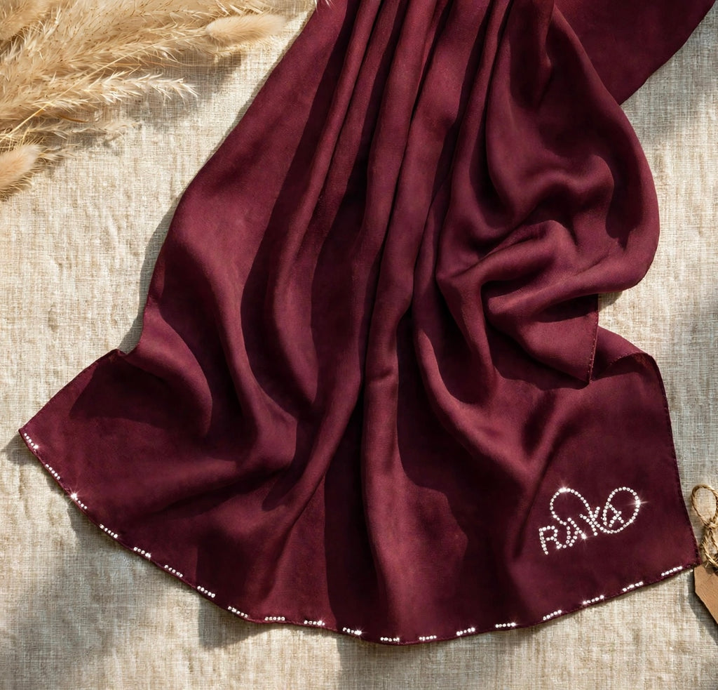 Cherry Maroon Feather lite Hijab with SWAROVSKI®️ crystals
