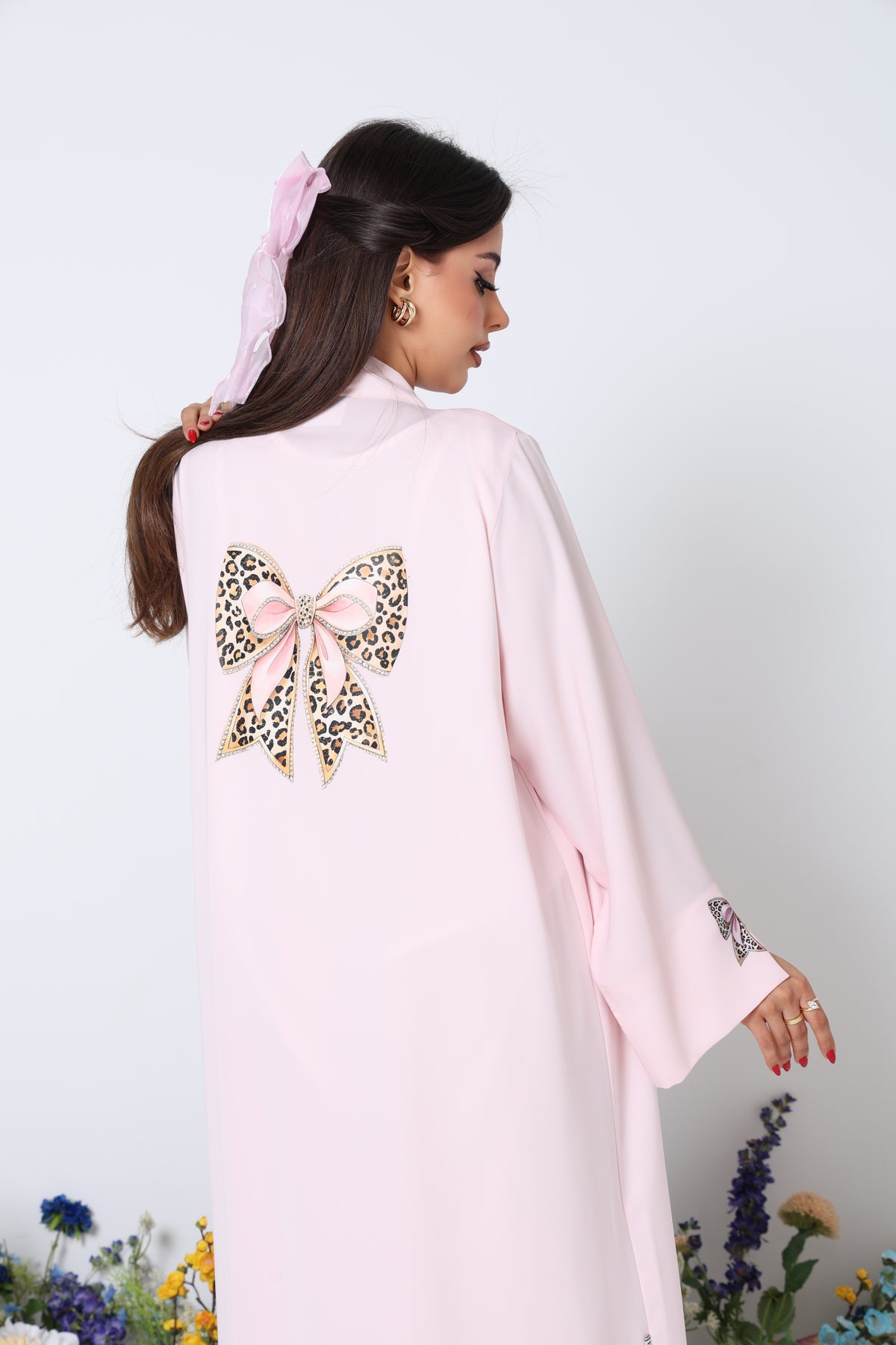 Blush Leopard Abaya Set with White Inner Dress