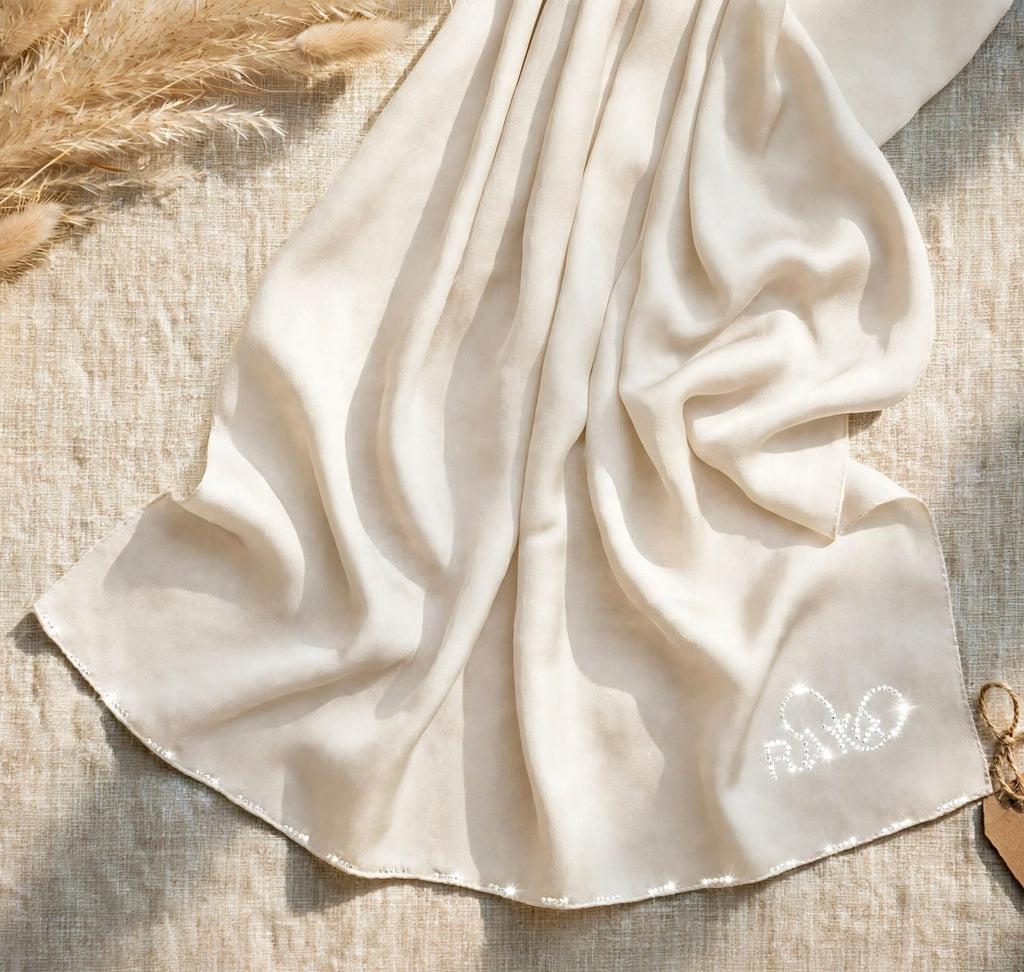 Beige Feather lite Hijab with SWAROVSKI®️ crystals