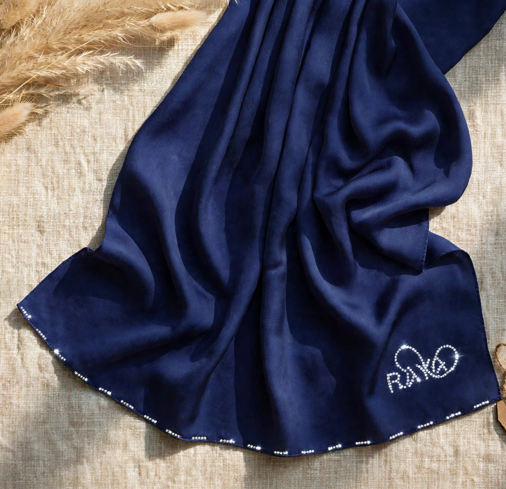Royal Navy Blue Feather lite Hijab with SWAROVSKI®️ crystals