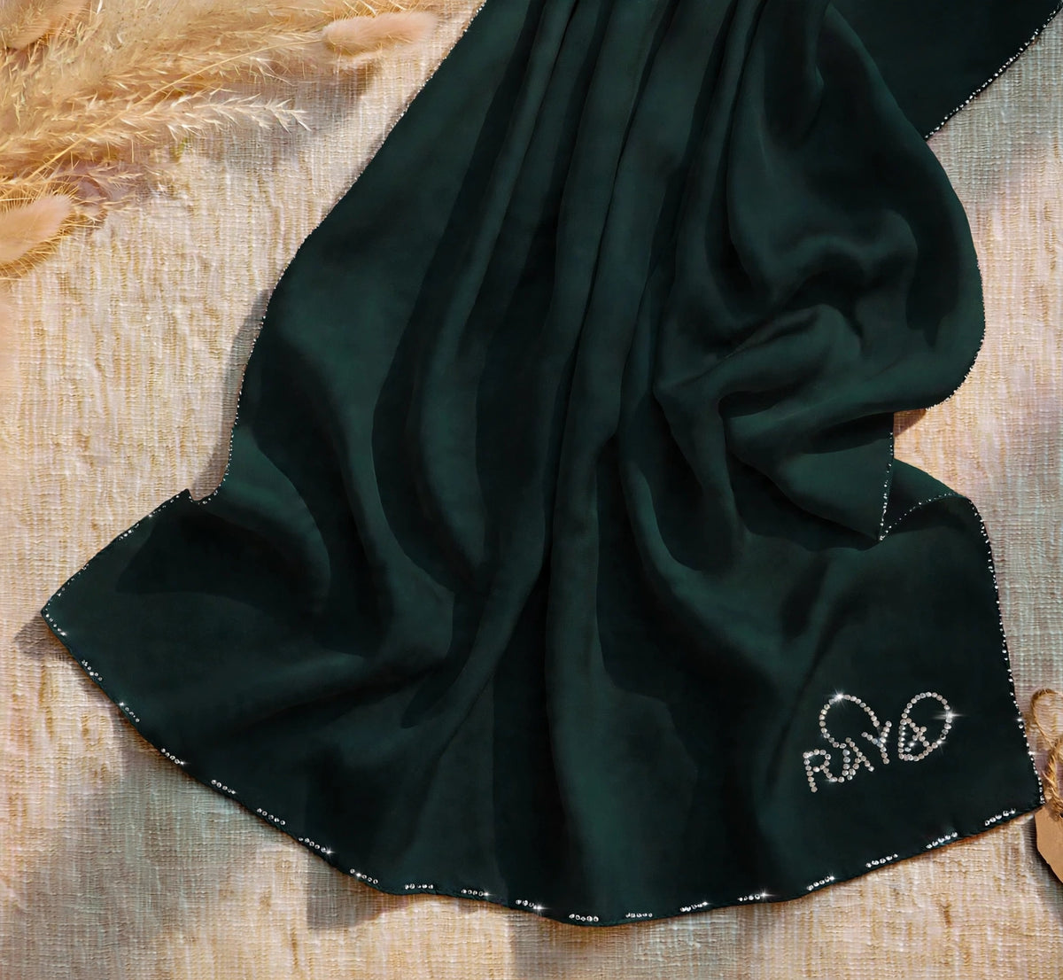Deep Green Olive Feather lite Hijab with SWAROVSKI®️ crystals
