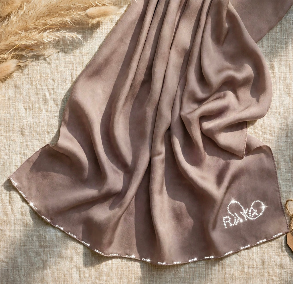 Mocha Feather lite Hijab with SWAROVSKI®️ crystals