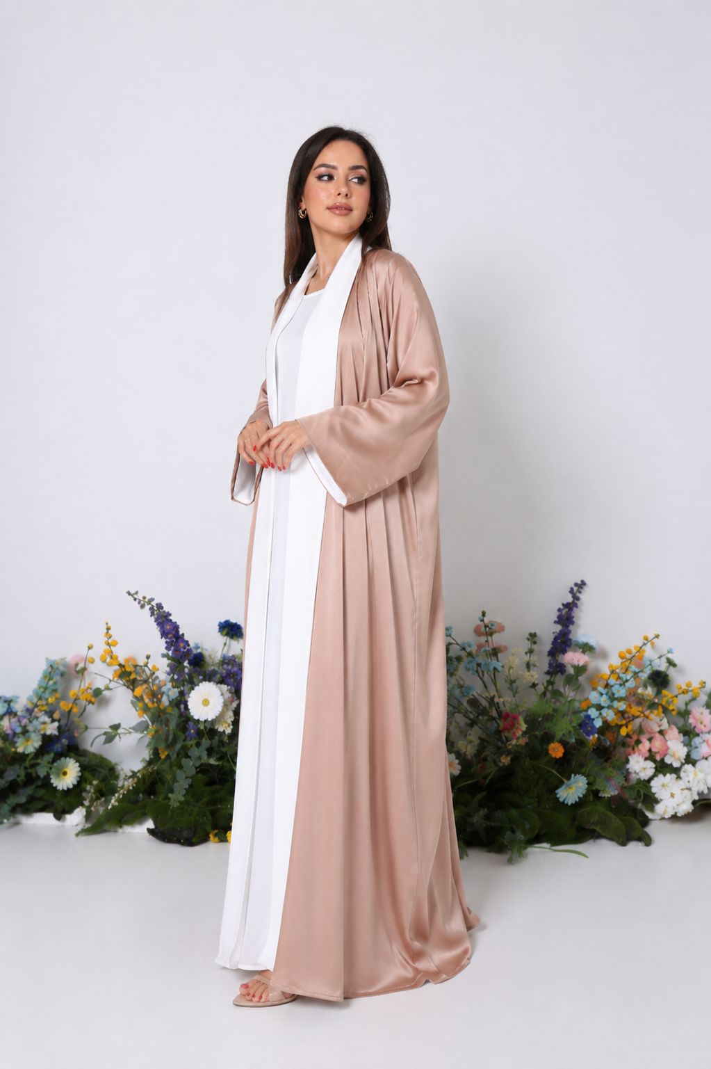 Mocha Dual Bloom Abaya Set with Inner Dress