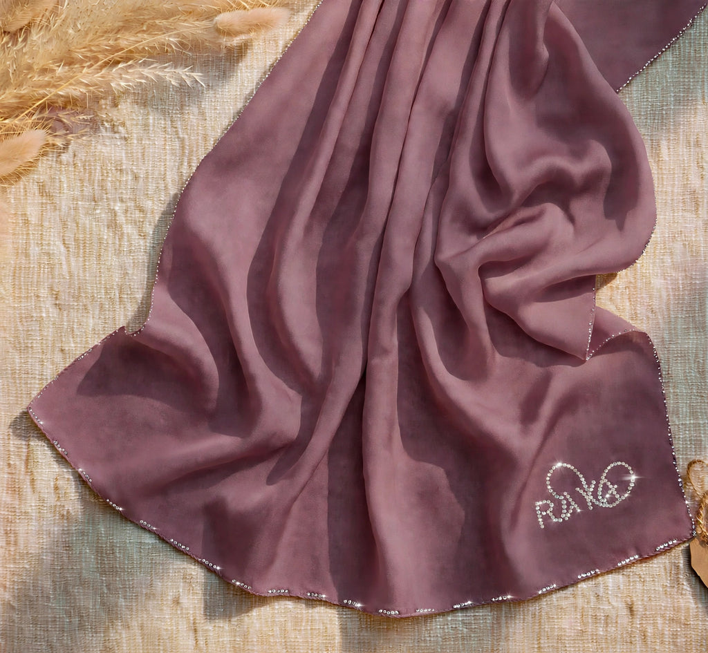 Dusty Rose Mauve Feather lite Hijab with SWAROVSKI®️ crystals