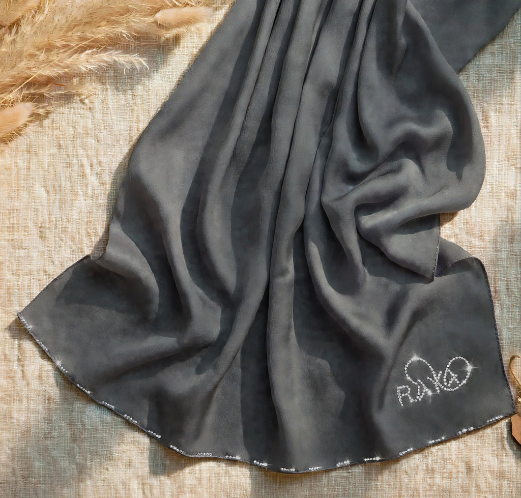 Satin Grey Feather lite Hijab with SWAROVSKI®️ crystals