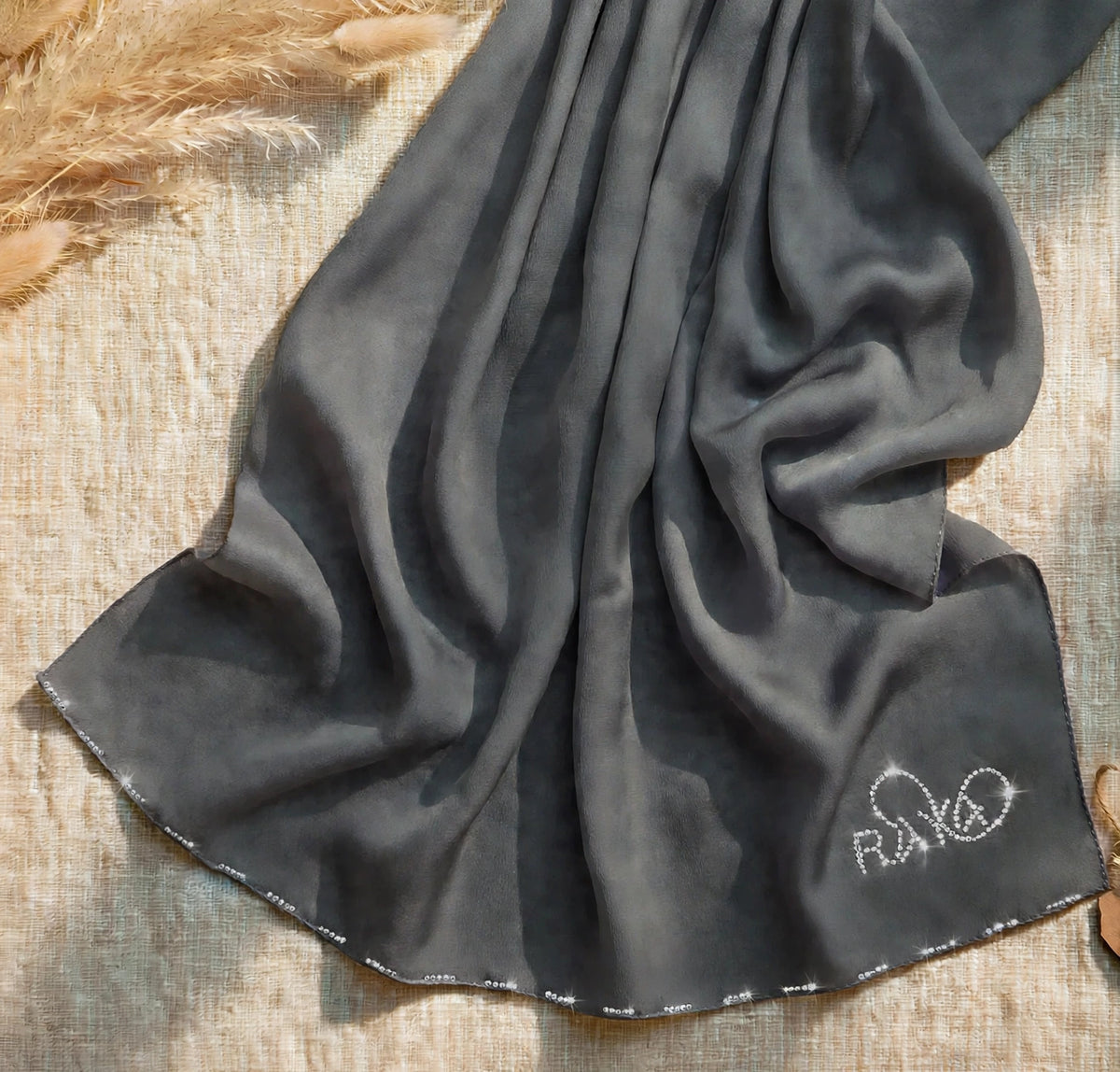 Satin Grey Feather lite Hijab with SWAROVSKI®️ crystals