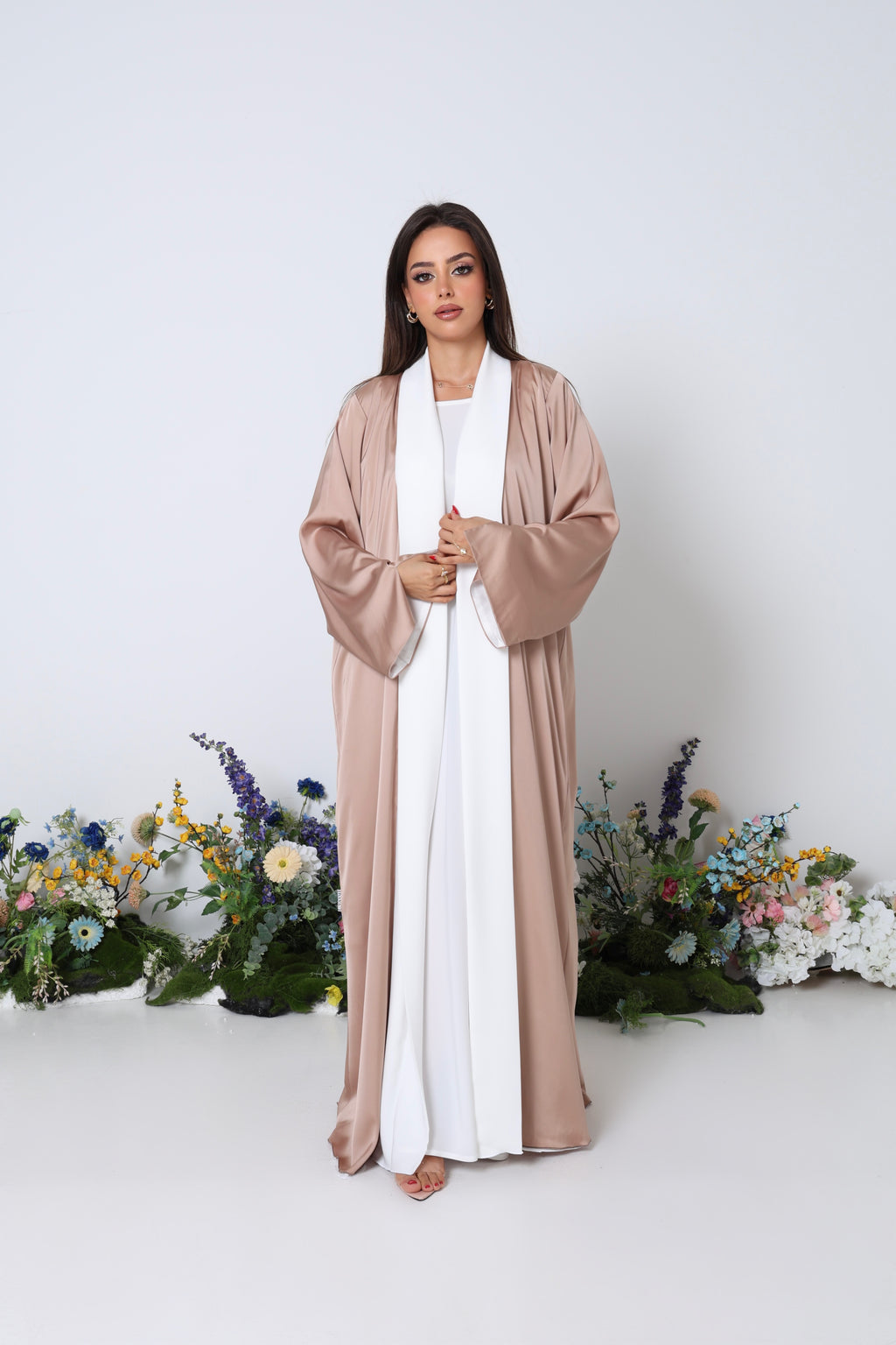 Mocha Dual Bloom Abaya Set with Inner Dress