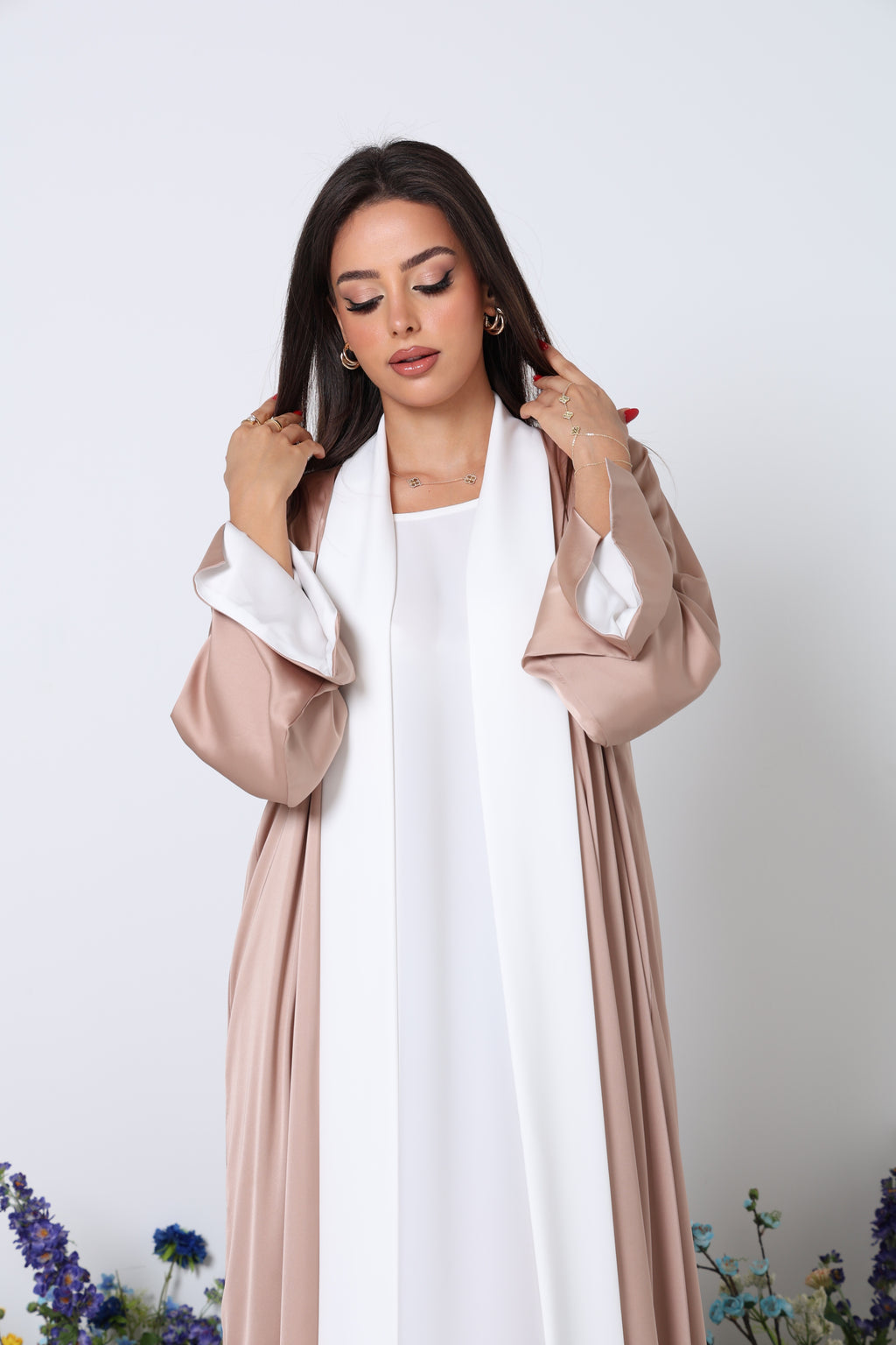 Mocha Dual Bloom Abaya Set with Inner Dress