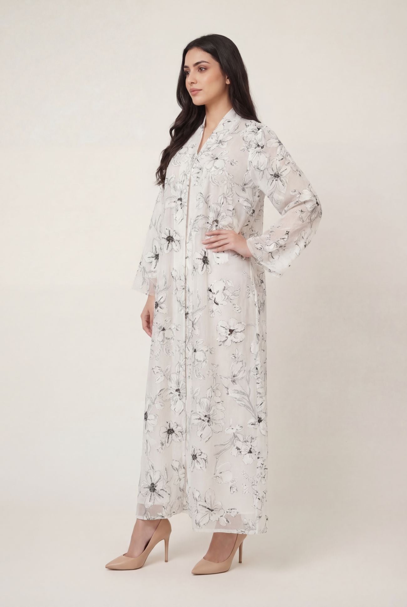 Ivory Bloom Jacquard Abaya