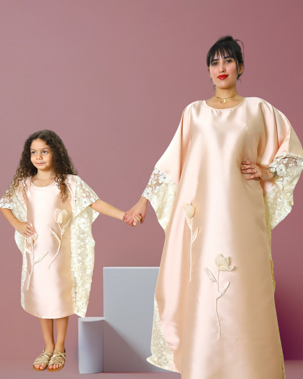 PEACH SATIN TULIP KAFTAN (MOTHER/ DAUGHTER DUO )