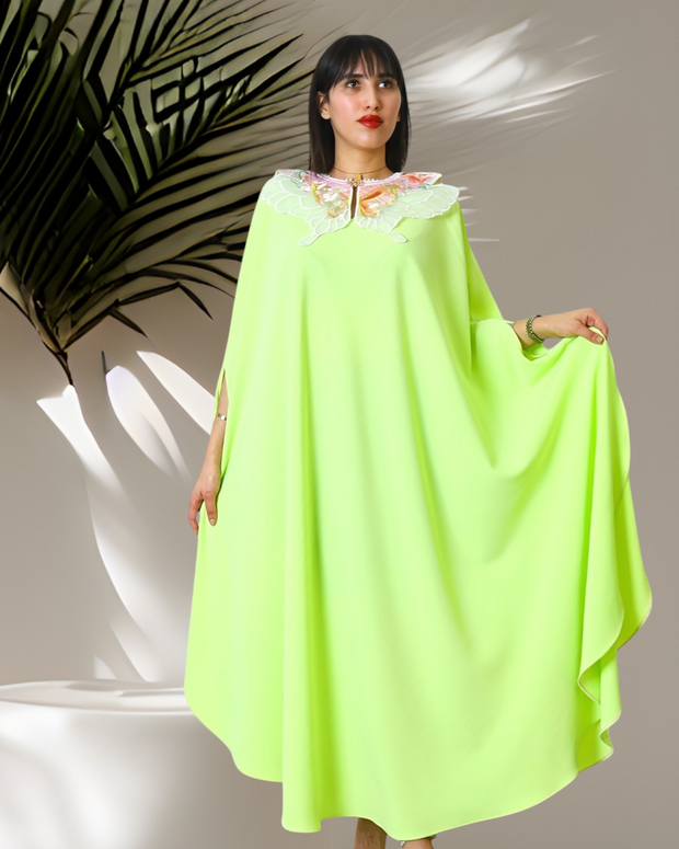 FLUORESCENT GREEN BUTTERFLY CAPE DRESS