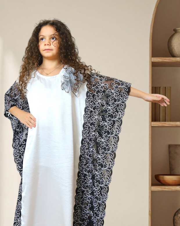 BLACK AND WHITE FLOWERY KIDS KAFTAN