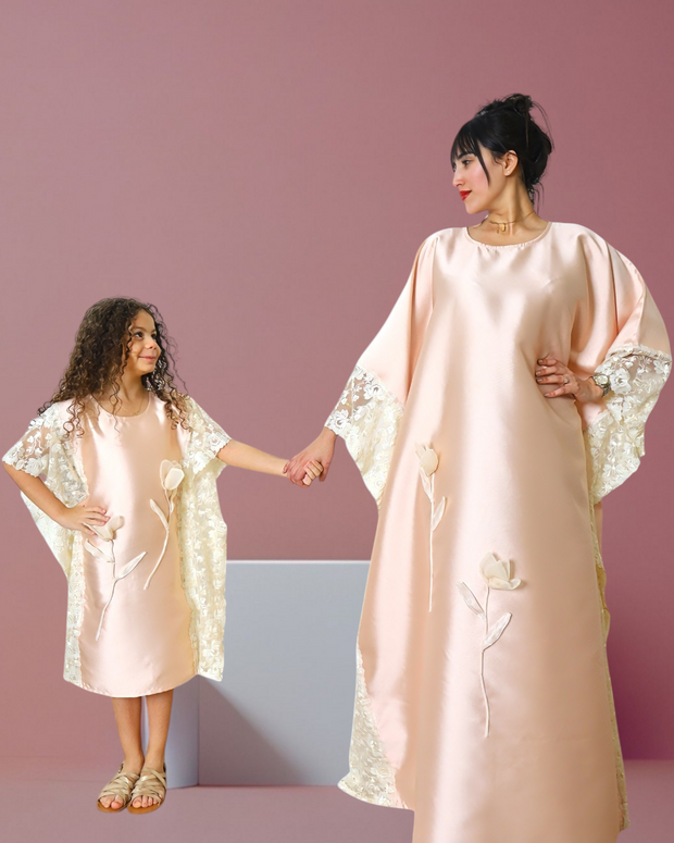 PEACH SATIN TULIP KAFTAN (MOTHER/ DAUGHTER DUO )